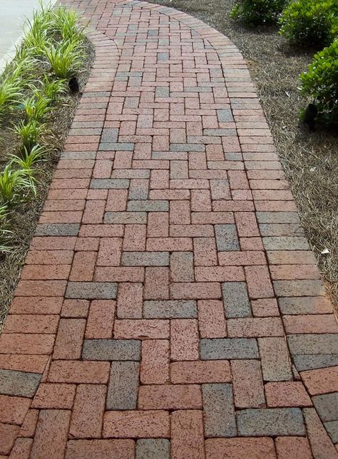 Rumbled Full Range clay pavers by Pine Hall Brick are tumbled after firing to give your DIY project a antique old world look and feel. Herringbone Brick, Brick Sidewalk, Brick Paver Patio, Brick Patterns Patio, Landscape Pavers, Brick Pathway, Outdoor Pavers, Walkway Landscaping, Brick Path