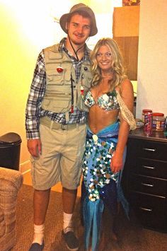 Halloween costume #mermaid#fisherman#couple#costume#homemade#halloween Fisherman Couple Costume, Fisherman And Mermaid Costume, Fisherman And Fish Costume, Fish And Fisherman Couples Costume, Mermaid And Fisherman Costume, Mermaid Couples Costume, Fisherman Halloween Costume, Mermaid Couple Costume, Caught Mermaid