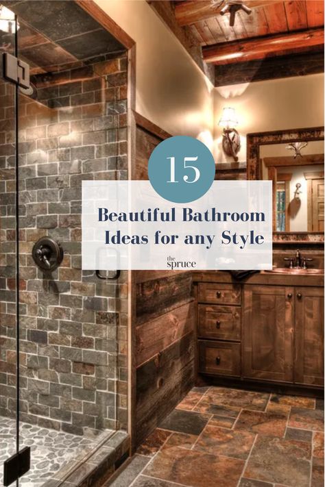 Bathrooms don't have to be plain and boring. There's more inspiration out there than ever before when it comes to making powder rooms, master bathrooms, and smaller half-baths go beyond your typical sink, toilet, and shower. Work with the natural colors of nature by using natural stone and reclaimed wood. The modern faucets in the shower and sink bring a fashionable contrast to the warm, rustic style of this bathroom. #bathroomideas #bathroominspiration #rusticbathroom Clean White Bathroom, Rustic Master Bath, Beautiful Bathroom Ideas, Latest Bathroom Tiles, Brown Tile Bathroom, Lodge Bathroom, Rustic Bathroom Shower, Stone Tile Bathroom, White Bathroom Ideas