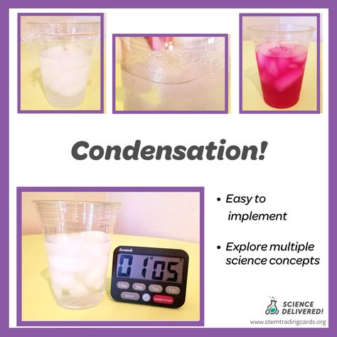 This activity is accessible to everyone with water, ice, a cup and a clock! Create condensation with ice water as you explore whether there is water in the air. Complete the basic experiment, and then do one of the many suggested follow-ups. Perfect for upper elementary and middle school Condensation Experiment For Kids, Rising Water Science Experiment, Density Experiment Middle School, Ice Melting Experiment For Kids, Hot Ice Science Experiment, Middle School Chemistry, Science Resources, Mad Scientist, Upper Elementary