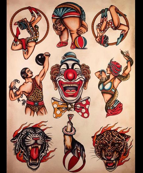 Circus Tattoo Ideas, Carnival Tattoo, American Traditional Sleeve, Circus Tattoo, Traditional Tattoo Old School, Vintage Tattoo Design, Timeless Tattoo, Clown Tattoo, Flash Sheets