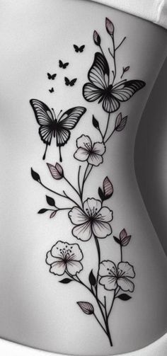 Side Tattoos Women Ribs Unique, Tatoo Rose, Butterfly Ankle Tattoos, Rose And Butterfly Tattoo, Earthy Tattoos, Torso Tattoos, Rose Tattoos For Women, Flower Wrist Tattoos, Butterfly Tattoos For Women