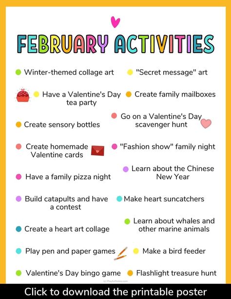 February Activities For Kids, February Games, Monthly Family Activities, Activity Days Ideas, Articles Activities, February Lessons, Daycare Themes, Activity Calendar, February Activities