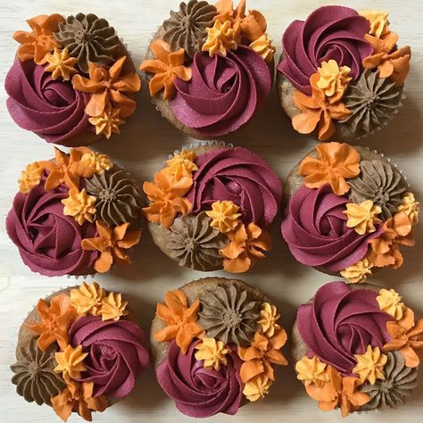 Halloween Cupcakes Wedding, Easy Fall Themed Cupcakes, Viennese Table Desserts Party Ideas, Fall Jumbo Cupcakes, Fall Wedding Shower Cupcakes, Fall Themed Bridal Shower Cake, Fall Floral Cupcakes Decoration, Boho Frosting Colors, 12 Count Cupcake Cakes Pull Apart