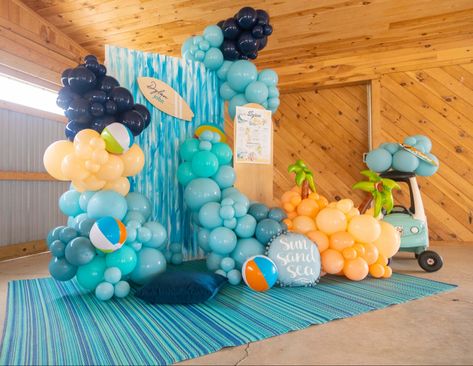 The big one, beach themed first birthday backdrop It’s The Big One Birthday, Beach Themed First Birthday Boys, Beach Party Balloons, The Big One Backdrop, Beach Themed First Birthday, Wave Backdrop, First Birthday Backdrop, Surf Birthday Party, Surf Birthday