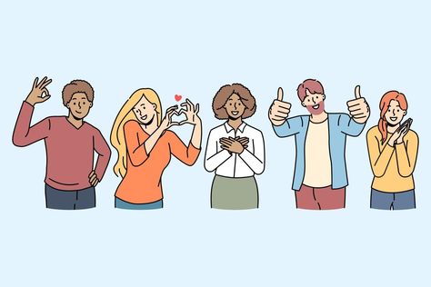 Overjoyed diverse multiethnic young people feel positive and joyful show diverse hand gestures. Smiling men and women use body language, ok, thumb up, heart sign. Vector illustration. Body Language Illustration, Draw Show, Body Language Signs, Cartoon Body, Thumb Up, Newborn Feeding, Hand Gestures, Family Drawing, Language Art