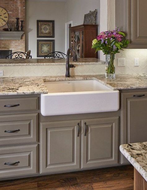 Painted Kitchen Cabinets With Black Appliances, St Cecilia Granite Kitchen, Farmhouse Kitchen Cabinet Decor, 1920s Kitchen, Outdoor Kitchen Countertops, Countertop Ideas, Kitchen Updates, Apron Sink, Granite Countertop