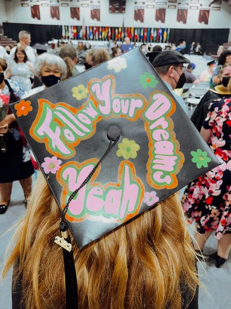 A graduation cap decorated with Mac Miller song lyrics, “follow your dreams, yeah” Grad Cap Ideas Album Covers, Grad Cap Mac Miller, Mac Miller Cap Decoration Graduation, Grad Cap Ideas Mac Miller, The Spins Graduation Cap, Graduation Cap Designs Mac Miller, Fleetwood Mac Graduation Cap, Mac Miller Grad Cap, Mac Miller Graduation Cap