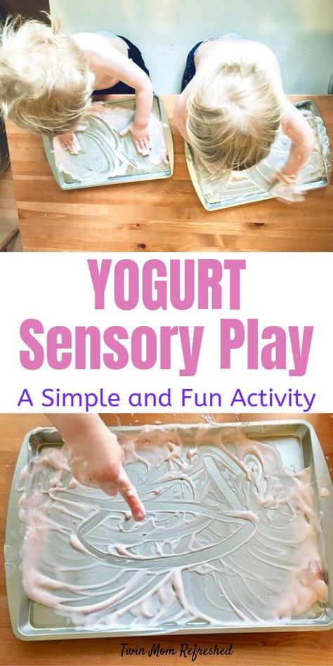 A simple and easy baby and toddler activity!  Yogurt sensory play is so simple and easy and will keep your child playing for a long time!  This easy sensory activity is taste-safe and even edible.  My twin toddlers always ask to do this easy toddler activity any time they spot yogurt! #sensoryplay #sensoryplayideas #babysensoryplay #babyactivities #toddleractivities Sensory Play For Babies, Edible Sensory Play, Sensory Play Toddlers, Infant Sensory Activities, Easy Toddler Activities, Baby Sensory Play, Play Activity, Sensory Activities Toddlers, Baby Play Activities