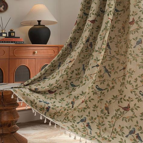 Colorful Window Curtains, 1940s Window Treatments, Green Print Curtains, Vintage Nursery Curtains, Toile Curtains Bedroom, Green Toile Curtains, Vintage Curtain Ideas, Cottage Core Curtain Ideas, Cute Fall Home Decor