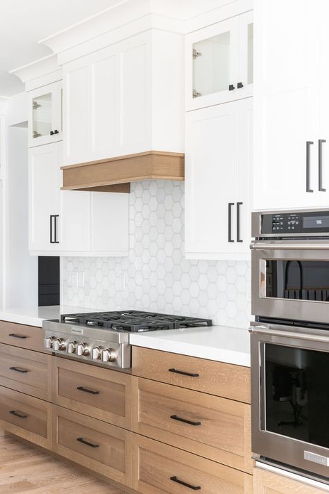 Cabinets With Slanted Ceiling, White And Wood Kitchen Black Hardware, Kitchen Hood White And Wood, White House Stained Columns, Pantry Backsplash Design, Kitchen With Deep Drawers, Light Natural Cabinets Kitchen, Kitchen Design Black Hardware, White And Wood Tone Kitchen