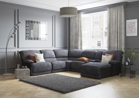 This generous fabric corner sofa offers comfort for the whole household with wide seats, sink-in cushions and soft upholstery.  Kick back and relax with a manual reclining seat and spacious chaise end. A built-in USB port at the sofa’s side keeps your devices charged. With a useful media tray, everything you need is right at your fingertips. Grey Recliner Sofa Living Room Ideas, Grey Lounge Suite Living Rooms, Reclining Sofa Living Room, Grey Recliner, Grey Lounge, Recliner Corner Sofa, Lounge Suites, Marble Furniture, Storage Footstool