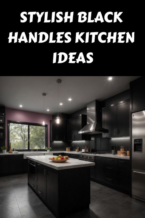 Stylish modern kitchen with black cabinets and handles, large island, and stainless steel appliances. Black Kitchen With Black Appliances, Black Cabinet Kitchen, Black Kitchen Handles, Black Appliances Kitchen, Modern Black Kitchen, Black Appliances, Kitchen Games, Black Kitchen Cabinets, White Countertops