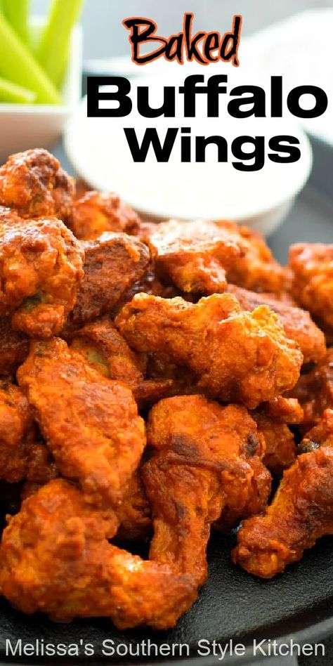 Skip the oil and make this crispy Baked Buffalo Wings Recipe in the oven in a snap #wings #buffalowings #chickenwings #bakedbuffalowings #chicken #chickenrecipes #easywings #easyrecipes #partyfood #appetizer #classicbuffalowingsrecipe #southernrecipes #bestbuffalowingsrecipe #southernfood #melissassouthernstylekitchen Buffalo Wings Recipe Oven, Buffalo Chicken Wings In The Oven, Mild Chicken Wings, Buffalo Wings Recipe Baked, Wings Recipe Oven, Wing Recipes Fried, Baked Hot Wings, Buffalo Wings Recipe, Wings Recipe Baked