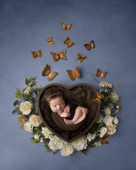 a digital backdrop with a wooden heart with flower and butterfly for newborn photography 2 Month Old Baby, Newborn Backdrop, Orange Butterfly, Butterfly Baby, Yellow Butterfly, Newborn Props, Newborn Photoshoot, Digital Backdrops, Newborn Pictures