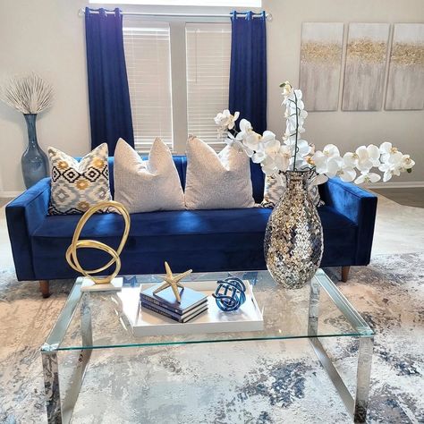 Navy Blue And Purple Living Room, House Interior Navy Blue, Navy Sofa Living Room Decor, Living Room Decor Royal Blue, Gray Royal Blue Living Room, Blue Coach Living Room Ideas, Royal Blue Living Room Ideas, Blue And Gold Glam Living Room, Royal Blue And Grey Living Room