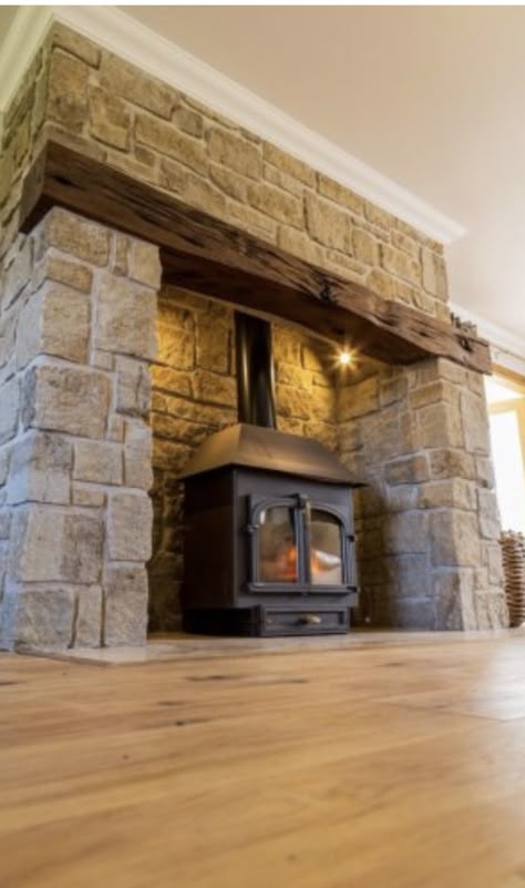 Fireplace Feature, Wood Burning Stoves Living Room, Log Burner Living Room, Fireplace Feature Wall, Sandstone Fireplace, Log Home Interiors, Stone Fireplaces, Wood Stove Fireplace, Stone Chimney