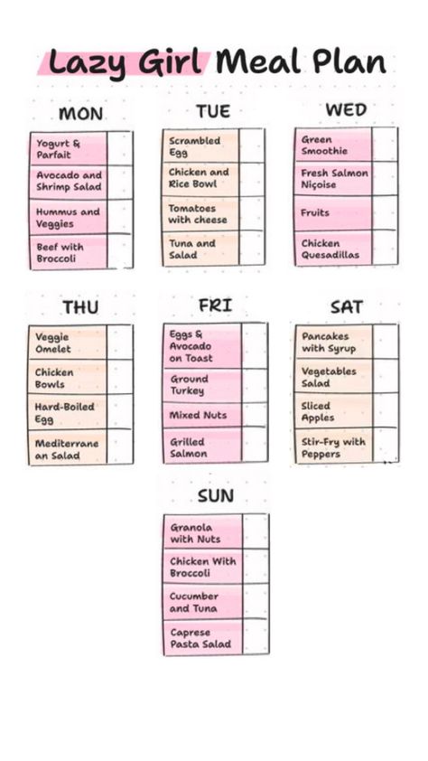 Healthy Week Meal Plan For One, Diet Meal Plan For Teen Girl, Lazy Girl Healthy Meals, Simple Healthy Meal Plan For The Week, Lazy Meal Prep Ideas, Lazy Meal Plan, Diet Meal Plan For Teenagers, Lazy Girl Meal Prep, Lazy Girl Meal Plan