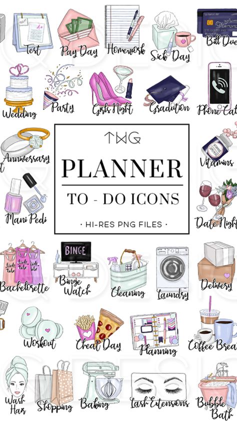 To-Do Planner Icon bundles for daily tasks: work, school, home, celebrations, pets, fitness, bills, kids, and more | by TWG Designs Digital Planner Icons, Planner Icons Free, Work Stickers For Planner, Task Icon, Twg Designs, Illustrated Icons, Planner Icon Stickers, Homemade Calendar, Daily Planner Stickers