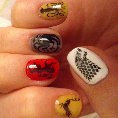 Game of Thrones nails. House Stark, House Baratheon, House Lannister, House Targaryen, House Greyjoy Game Of Thrones Nails, Lannister House, House Greyjoy, Targaryen House, House Baratheon, House Lannister, Sassy Nails, House Stark, House Targaryen