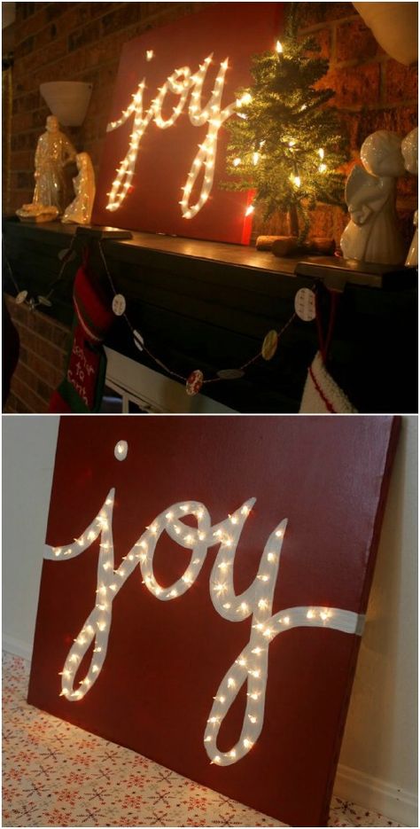 Joy Marquee Canvas With Lights Diy, Lighted Signs Diy, Christmas Crafts With Lights, Christmas Sign With Lights, Christmas Diy Canvas, Canvas With Lights, Diy Christmas Canvas Art, Diy Christmas Wall Art, Sign With Lights