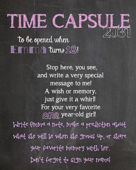 Fabulous idea. Instead of grift for a 1-year old, ask loved ones to write a letter for an 18th birthday time capsule. Love this!! First Birthday Time Capsule, Birthday Time Capsule, 1st Bday Party, 1st Birthday Party Ideas, Baby's First Birthday, Winter Onederland, Birthday Planning, Baby 1st Birthday