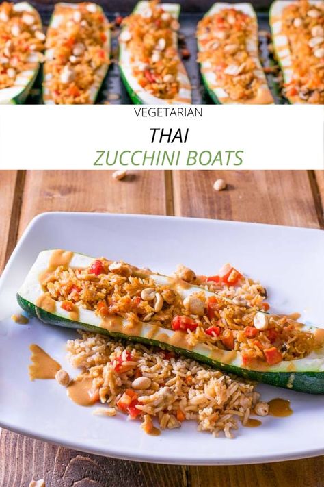 Go boating with these Thai vegetarian zucchini boats! It's a spicy, simple stuffed zucchini recipe with delicious Thai flavors! // vegetarian stuffed zucchini with rice Vegetarian Stuffed Zucchini, Vegetarian Zucchini Boats, Thai Zucchini, Veggie Pasta Bake, Vegetarian Asian, Meatless Monday Dinner, Vegetarian Thai, Zucchini Recipe, Stuffed Zucchini