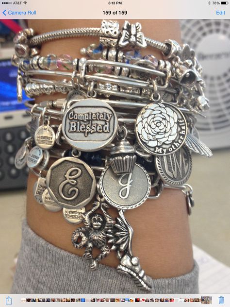 Charmed arm of the day!! Arm Full Of Bracelets Aesthetic, Blue Bracelets, Bracelets With Charms, Pandora Bracelet Designs, First Day Outfit, Jewelry Pandora, Bracelets Bangle, Wrist Jewelry, Alex And Ani Bracelets