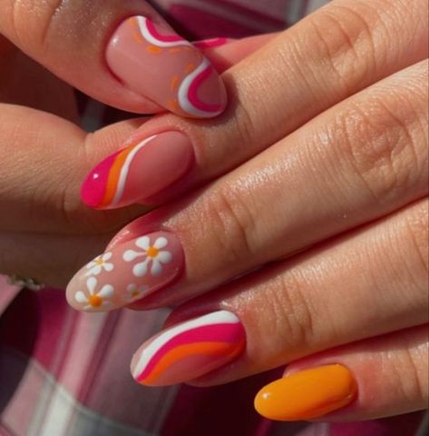 Medium Almond Acrylic Nails Summer, Pink And Orange Nails Almond, Pink Orange And White Nails, Pink And Orange Flower Nails, Goa Nails, 70’s Nails, Orange Flower Nails, Summer Nails Pink And Orange, Orange Pink Nails