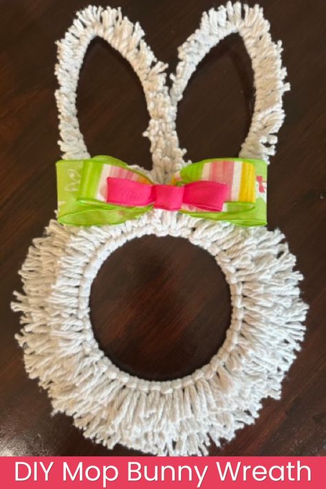 Make a Cute and Easy Dollar Tree Bunny Wreath - from a Mop Head! Dollar Tree Mop Head Wreath, Dollar Tree Rabbit Wreath, Bunny Wreath Dollar Tree, Dollar Tree Bunny Wreath Diy, Wire Bunny Wreath, Dollar Tree Bunny, Grace Monroe, Bunny Wreath Diy, Wreaths Burlap