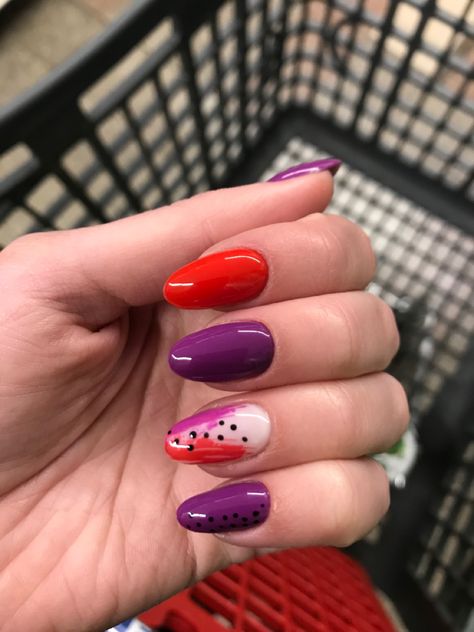 Purple and red nails #nailart #nailpolish #nailideas Pink Purple And Red Nails, Red And Lavender Nails, Red And Purple Nails Acrylic, Red And Lilac Nails, Red And Purple Nail Art, Lilac And Red Nails, Pink Red Purple Nails, Red And Purple Nails Color Combos, Red And Purple Nails Designs