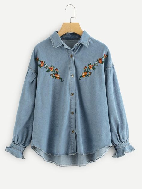 Botanical Embroidered Denim Shirt -SheIn(Sheinside) Embroidery Dolphin, Flower Embroidery Ideas, Embroidery On Jeans, Denim Blouse Women, Satin Stitch Flower, Hand Embroidery Ideas, Blouse Dress Outfit, Flower Hand Embroidery, Roses Embroidery