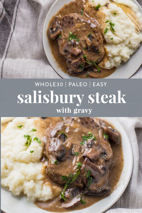 Whole 30 Salisbury Steak, Salisbury Steak Gluten Free, Gf Salisbury Steak, Easy Grain Free Dinner, Whole 30 Beef Recipes, Healthy Salisbury Steak, Paleo Salisbury Steak, Easy Salisbury Steak, Salisbury Steak Recipe