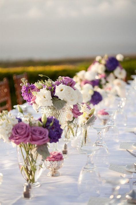 Purple Party Favors, Maui Weddings, Long Table, Hawaii Wedding, Purple And White, Floral Centerpieces, Purple Wedding, Trendy Wedding, Decoration Table