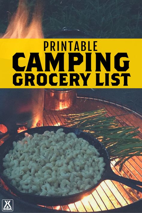 KOA Printable Camping Grocery List Tent Camping Meals, Camping Grocery List, Camping Essentials List, Rv Camping Checklist, Motorcycle Camping Gear, Printable Shopping List, Camping List, Motorcycle Camping, Campfire Cooking