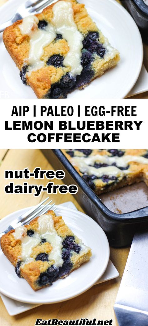 AIP Lemon Blueberry Coffeecake is so good that your egg-eating friends won’t know it's egg-free. Yes, it’s also dairy-free & nut-free … yet such a tender crumb and overall lovely eating experience. || Eat Beautiful | gluten free | lemon | blueberry | paleo | coffeecake | egg free coffeecake | nut free coffeecake | aip brunch recipes | aip breakfast recipes | aip breakfast | aip | autoimmune protocol || #aip #lemon #blueberry #coffeecake #paleo #eggfree #breakfast #glutenfree Aip Brunch, Blueberry Coffeecake, Aip Cake, Paleo Coffee Cake, Aip Diet Recipes, Paleo Pumpkin Pie, Aip Breakfast, Eat Beautiful, Autoimmune Recipes