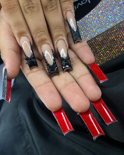 Black French with red bottoms will always eat😍🖤 . . . Dm to book!💖 @nailed.byjennie #longnails #blacknails #glitternails #frenchnails #blingnails #promnails #nails #nailsnailsnails #fresnonails #fresnonailtech #explorepage Black Nail Designs Red Bottoms, Disco Nails Acrylic, Best Prom Nails, Nail Salon Design Nails, Name On Acrylic Nails, Black French With Red Bottoms, Black French Tips Red Bottoms, Black Nail Red French Tip, Black Nail Red Bottoms