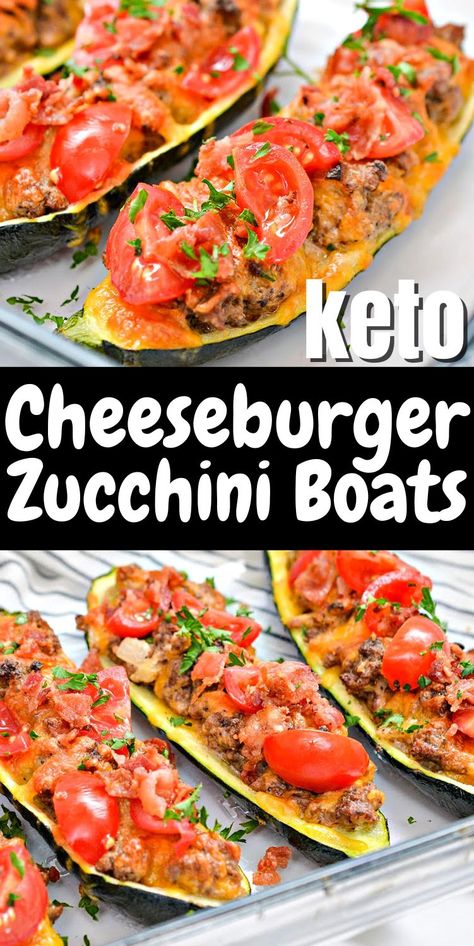 Keto Cheeseburger Zucchini Boats - Cheesy and so much fun to eat, cheeseburger zucchini boats are the BEST low-carb lunch! Kids love them and you will too. #keto #ketorecipes #Ketodiet #Ketocheeseburgerzucchiniboats #cheeseburgerzucchiniboats #zucchiniboats #zucchini #dinner #groudnbeef #food #recipes Keto Zucchini Boats, Zucchini Dinner, Keto Cheeseburger, Lunch Kids, Keto Zucchini, Zucchini Boats, Low Carb Lunch, Low Carb Keto Recipes, Low Carb Keto