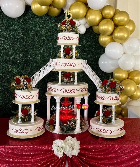 Red Silver Quinceanera Ideas, Big Quinceanera Cakes, Quince Red Cake Ideas, Quinceanera Cakes Burgundy And Gold, Rose Theme Quinceanera Ideas, Red And Gold Charro Quinceanera Cake, Quince Cakes Ideas, Red Cake For Quinceanera, Red Quince Theme Cake