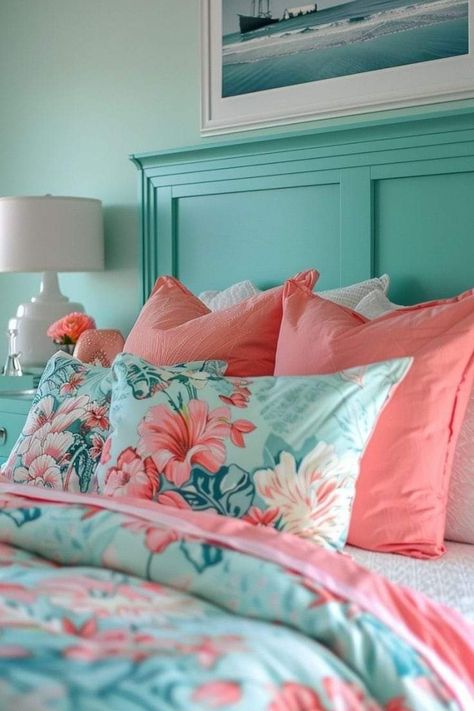 Blue And Coral Bedroom, Salmon Bedroom, Teal And Salmon, Black And White Living Room Decor, Pink Bedroom Walls, Coral Bedroom, Pink Bedroom Ideas, Studio Apartment Living, Nursery Pink