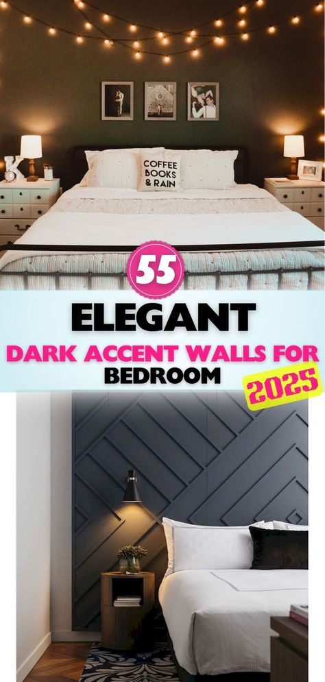 Dark accent wall ideas for bedrooms offer a stylish way to add depth, texture, and warmth to your space, making it a perfect cozy haven. Painted Accent Wall Bedroom, Accent Wall Ideas For Bedrooms, Black Feature Wall Bedroom, Accent Wall For Bedroom, Dark Accent Wall, Black Iron Beds, Brown Accent Wall, Ideas For Bedrooms, Dark Accent Walls