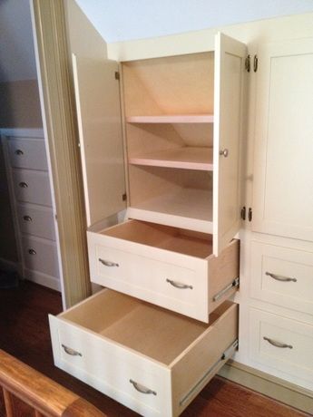 Knee Wall Cabinets, Knee Wall Built Ins, Kneewall Storage, Eaves Ideas, Dormer Closet, Sloped Closet, Knee Wall Ideas, Dormer Storage, Knee Wall Storage