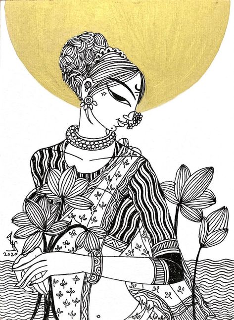 Lady With Lotus Painting, Canvas Board Drawing, Unique Illustration Art, Cute Drawings In Black And White, Varsha Kharatmal Paintings, Art Outlines Templates, Indian Culture Art Drawing, Creative Drawings Unique, Black Ink Art Illustrations