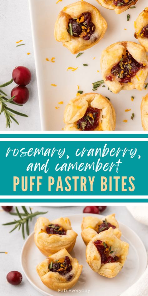 These delicious little Camembert and cranberry appetizer bites are perfect for holiday entertaining. I originally made these Camembert and cranberry puff pastry bites for a Christmas party. This baked Camembert with cranberries appetizer has a magical ingredient pairing! The nuttiness of the cheese balances so well with the tartness of the cranberry sauce, the sweetness of the orange zest, and the spiciness of the rosemary. Click or visit FabEveryday.com for the Camembert pastry bites recipe! Cranberry Puff Pastry, Baked Camembert Recipe, Camembert Recipes, Cranberry Appetizer, Puff Pastry Bites, Pastry Bites, Cheese Recipes Appetizers, Wellington Recipe, Baked Camembert