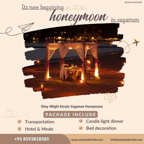 5Day 4Night Kerala Vagamon Honeymoon https://www.asiantrailsindia.com/tour-package/5d4n-kerala-vagamon-honeymoon-package #KeralaHoneymoon #VagamonVibes #RomanticGetaway #NatureLoversParadise #ExploreKerala #HoneymoonInIndia #VagamonDiaries #HillStationLove #KeralaTourism #MemorableMoments #HoneymoonBliss #TranquilRetreat #BeautyOfKerala #DiscoverVagamon #AdventureAndRomance "Set off on a blissful journey to Vagamon, Kerala for our unforgettable 5-day, 4-night honeymoon retreat amidst serene h... Vagamon Kerala, Honeymoon Tour Packages, Dream Honeymoon, Honeymoon Tour, Kerala Tourism, Romantic Sunset, Honeymoon Packages, Candle Light Dinner, Romantic Getaway