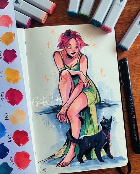 Gretel Lusky on Instagram: “Another sketchbook page I did using @spectrumnoir ‘s markers and art liners ✨💖 I had to add some touch ups later with Procreate to fix her…” Greta Lusky Art, Touch Markers Drawing, Gretlusky Art, Cat Procreate, Vector Art Photoshop, Touch Markers, New Sketchbook, Copic Marker Art, Oil Pastel Art