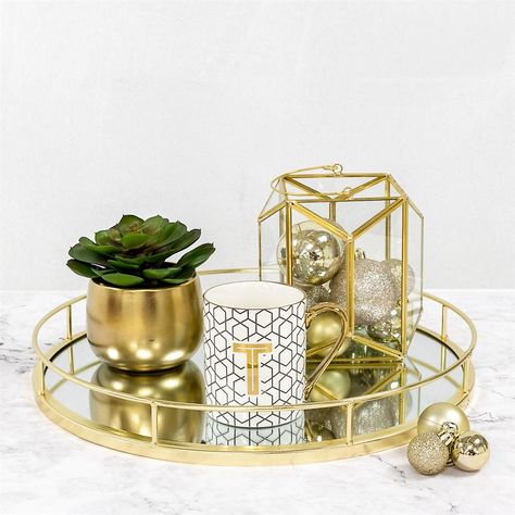 Buy Gold Round Mirror Tray at Home Bargains Mirrored Tray Centerpiece, Mirror Tray Decor Ideas, Gold Tray Decor, Mirror Tray Decor, Gold Round Mirror, Gold Mirror Tray, Ornate Wedding, Mirror Candle, Round Gold Mirror