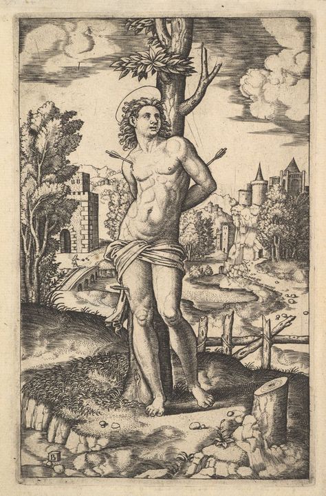 Master of the Die | Saint Sebastian tied to a tree pierced by arrows | The Met Saint Sebastian, St Sebastian, Occult Art, Medieval Art, San Sebastian, British Museum, Religious Art, Metropolitan Museum Of Art, Metropolitan Museum