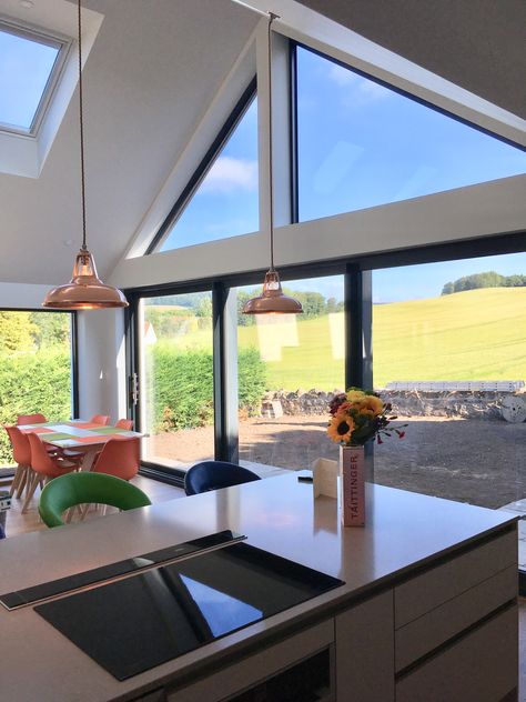 Glass gable end and kitchen island pendant lighting Gable End Window Ideas, Gable End Ideas Design, Glazed Gable End, Gable Windows Ideas, Gable Roof Lighting, Glass Gable End Extension, Gable Windows Exterior, Glass Gable End, Gable End Ideas