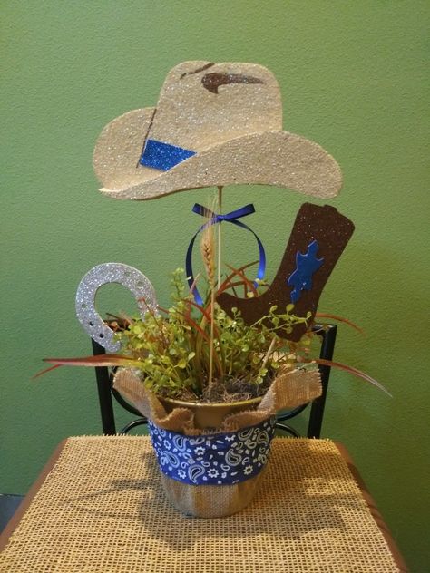 Cowboy Party Centerpiece Ideas, Horse Decorations For Party, Cowboy Birthday Decorations, Blue Cowboy Party, Western Centerpiece Ideas Cowboy Theme, Vaquero Party Ideas, Vaquero Centerpieces, Cowboy Centerpiece Ideas, Vaquero Theme Party